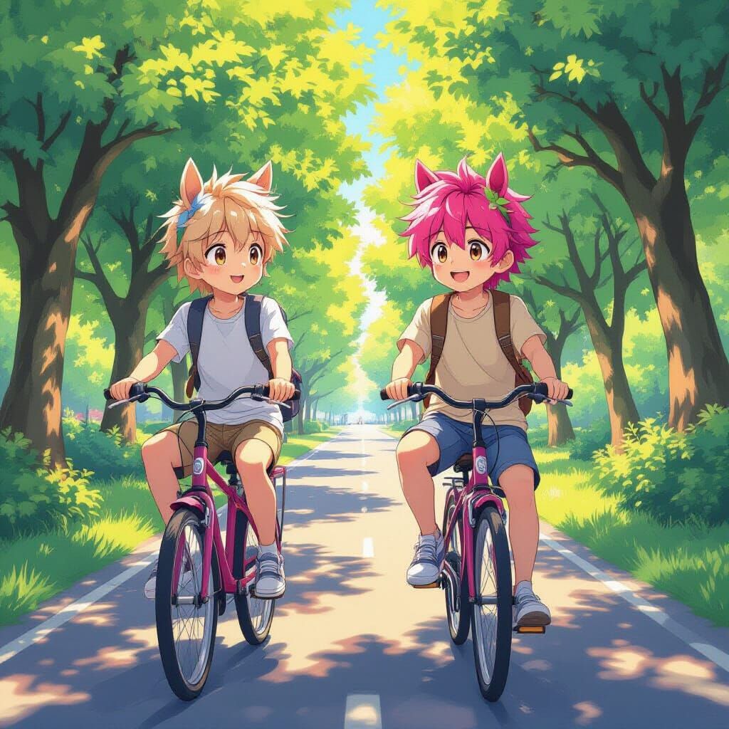 Anime Boys with Horse Ears Ride Bicycles in Park