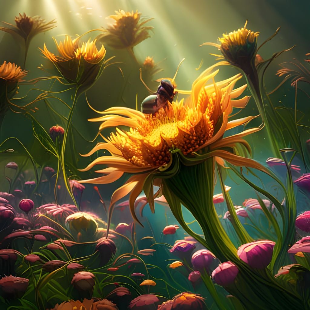 Bees Around Golden Flower, Hyperdetailed Concept Art