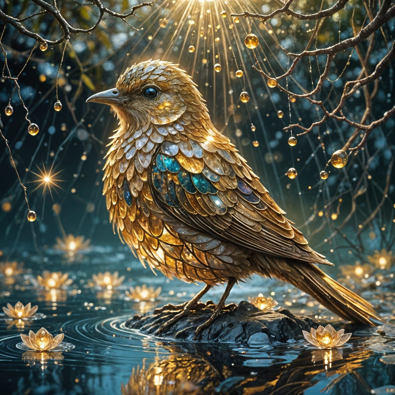 Golden Crystal Bird with Filigree and Magical Light