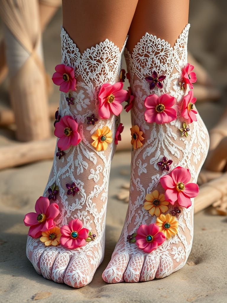 Lace Socks with Ribbon Embroidery and Gemstones