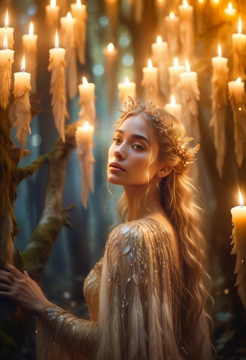Ethereal Girl with Candles in Dreamy Forest