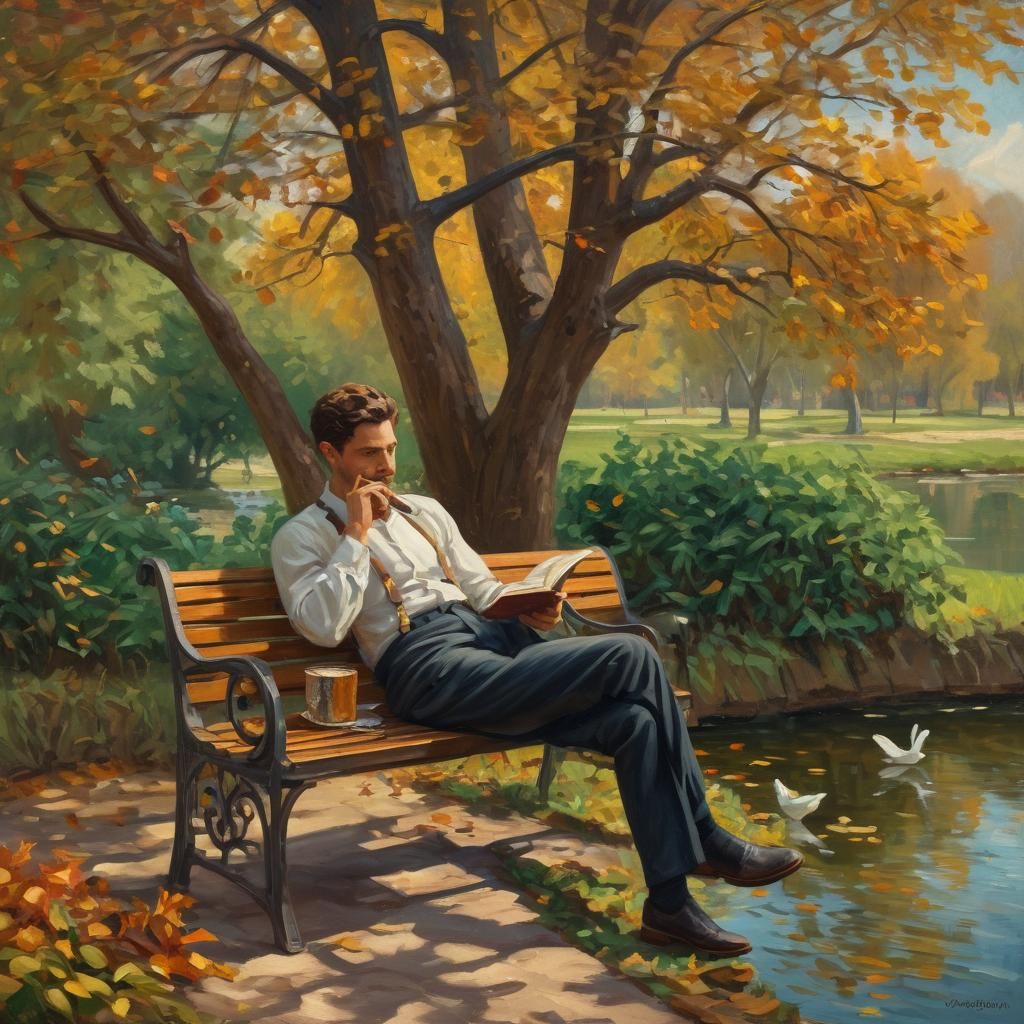 Autumn Serenity: Impressionist Man Reading Outdoors