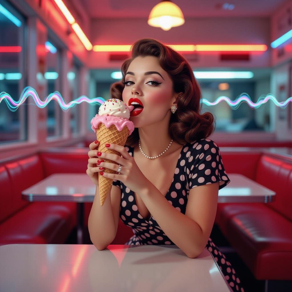 1950s Pin-Up Girl with Ice Cream, Glitch Art