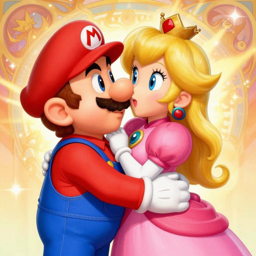 Mario and Peach Embrace in Romantic Nintendo Art Style