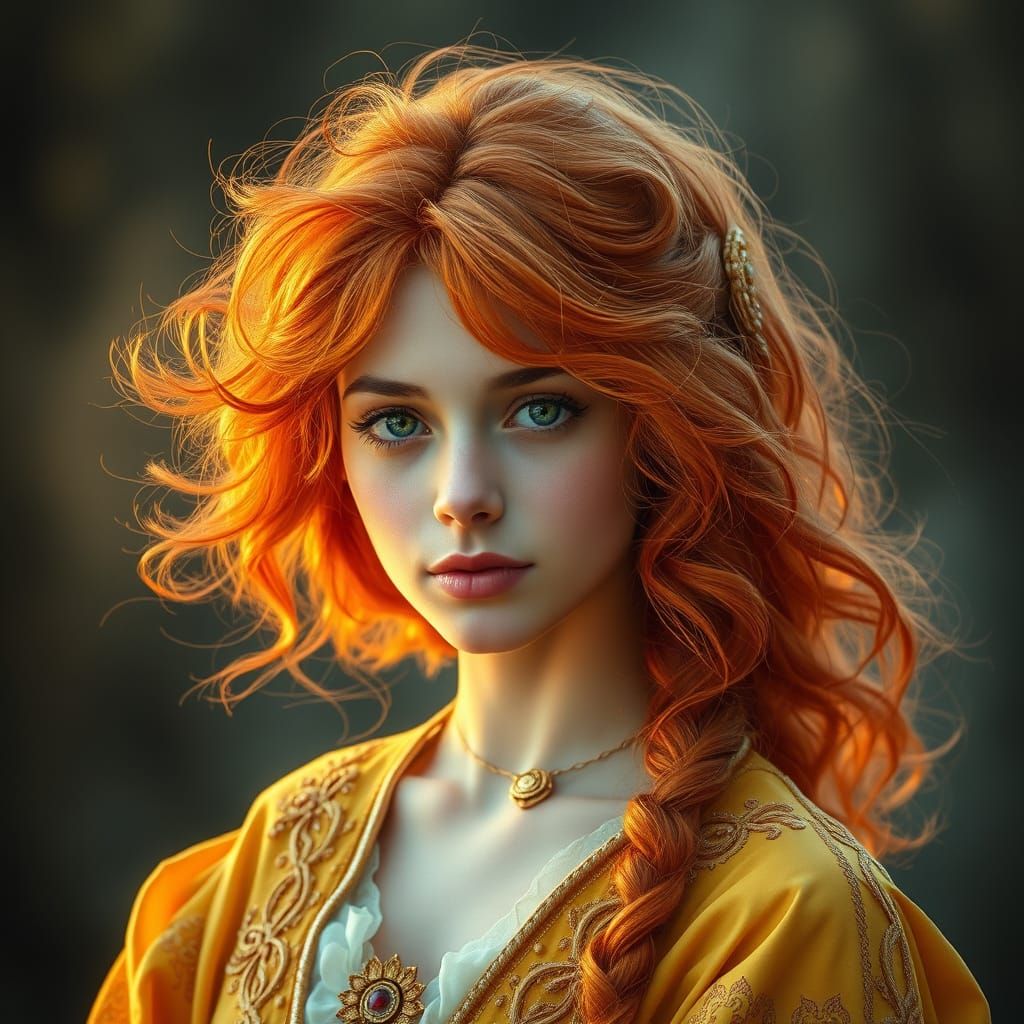 Serenely Ethereal Woman in Vibrant Orange and Yellow Locks, ...