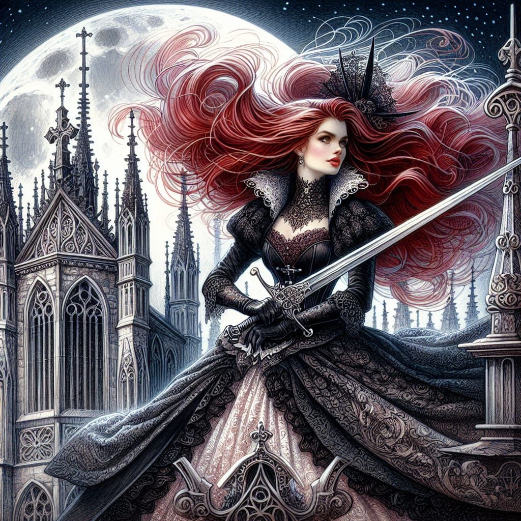 Crimson-Haired Vampire Hunter on Gothic Church