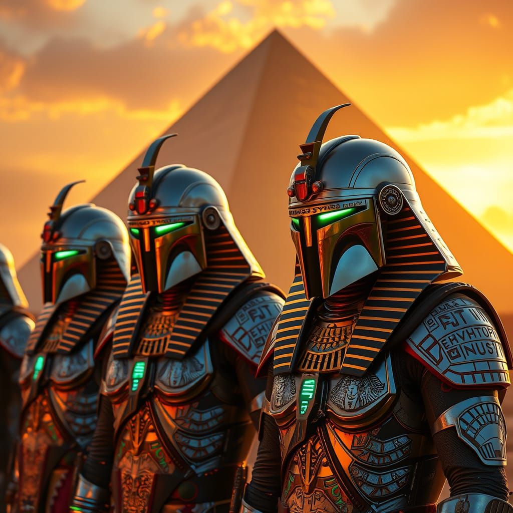 Futuristic Egyptian Warriors Near Pharaoh in Sci-Fi Armor
