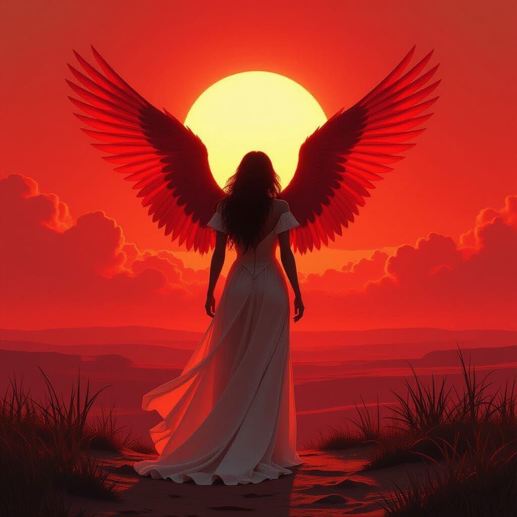 Angelic Figure with Scarlet Wings at Sunset