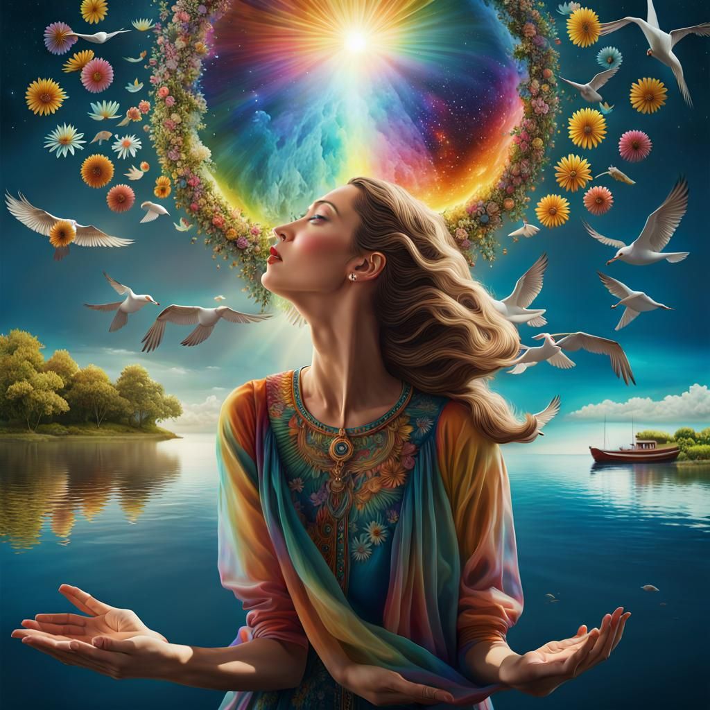 Upside Down Woman Holding Rainbow Universe