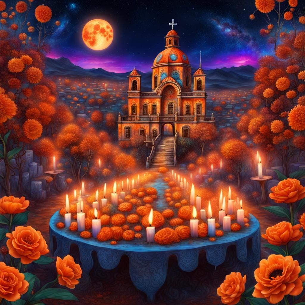 Day of the Dead in Mixquic: Astral Cosmic Illustration