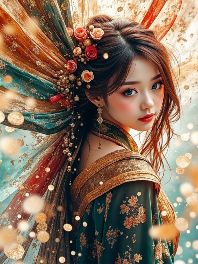 Porcelain Woman's Gentle Smile with Blue Eyes and Ribbons