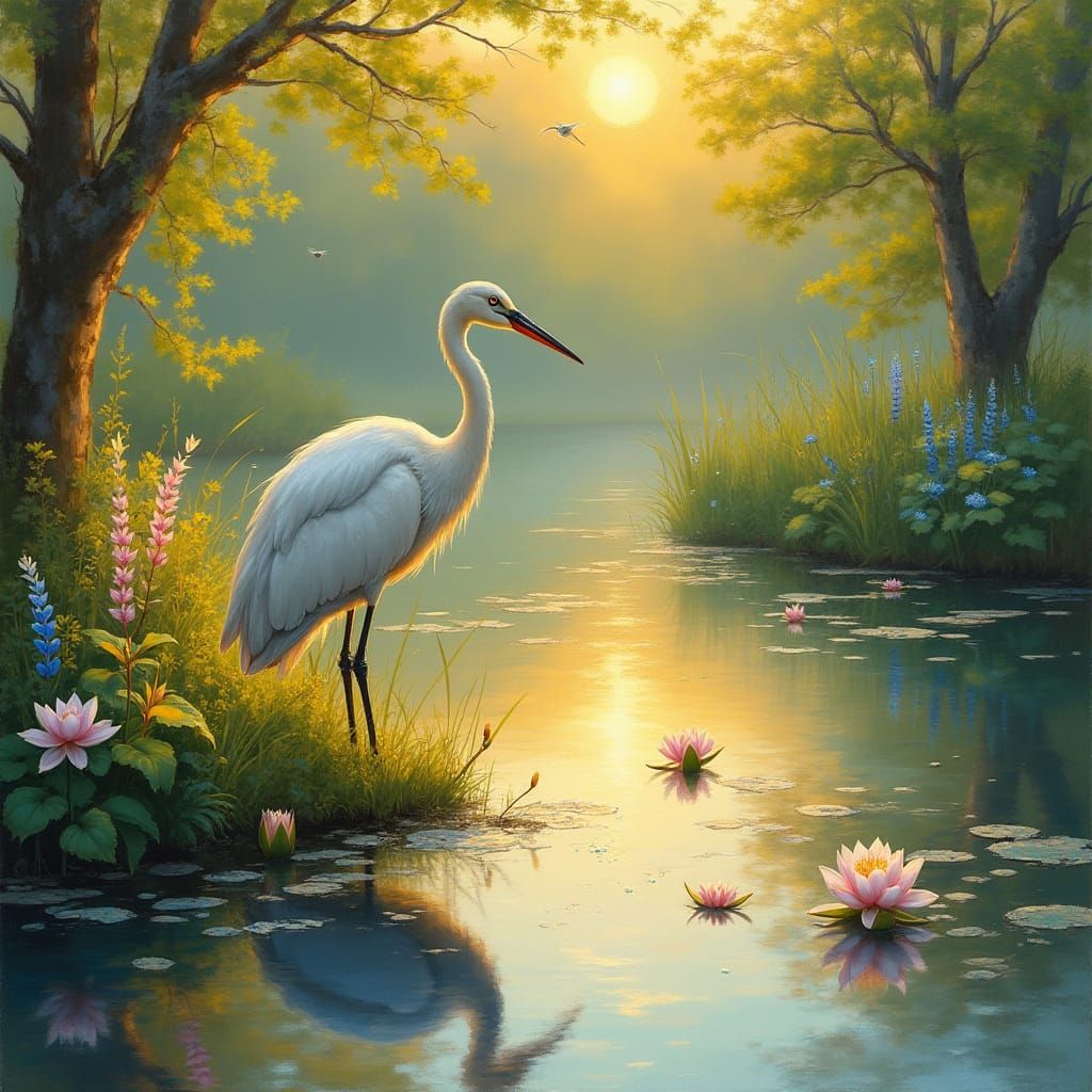The Gold of the Morning Sun as a vibrant acrylic artwork that captures the warmth and glow of dawn, a graceful crane sta...