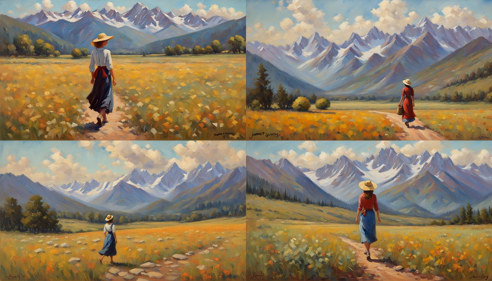 Woman Walking in Mountain Field: Oil Painting