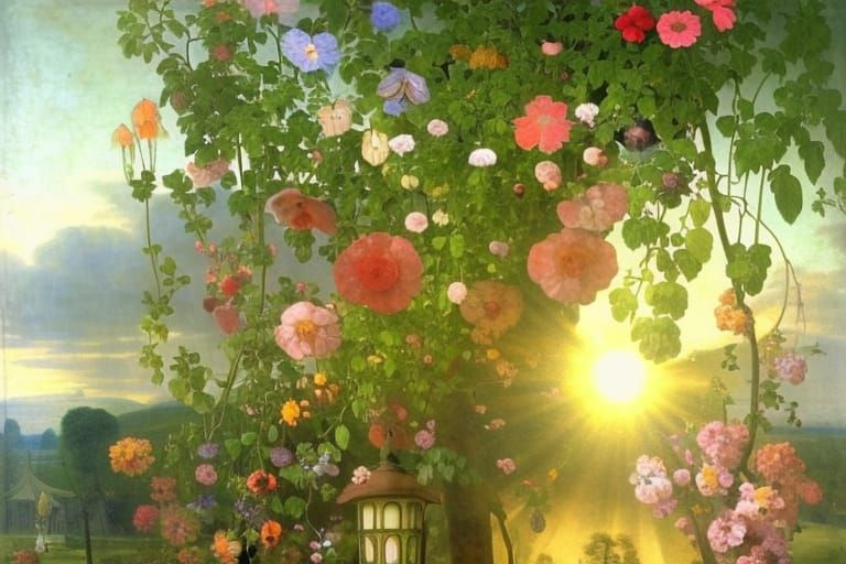 Sunrise Garden with Flowers and Vines in Psychedelic Art Nou...
