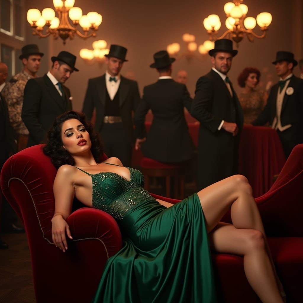 Sultry Vintage Glamour Model in Emerald Green Gown and Velve...