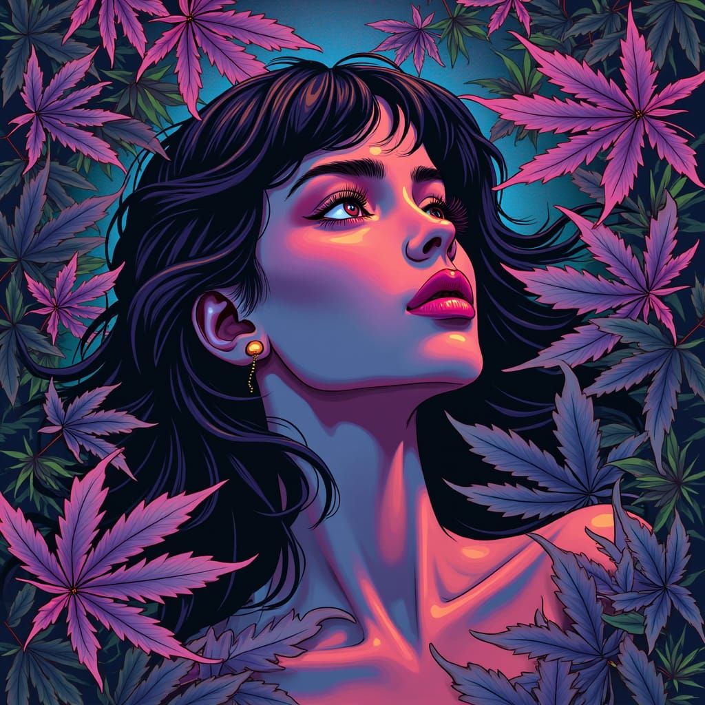 Psychedelic Woman Surrounded by Marijuana Leaves