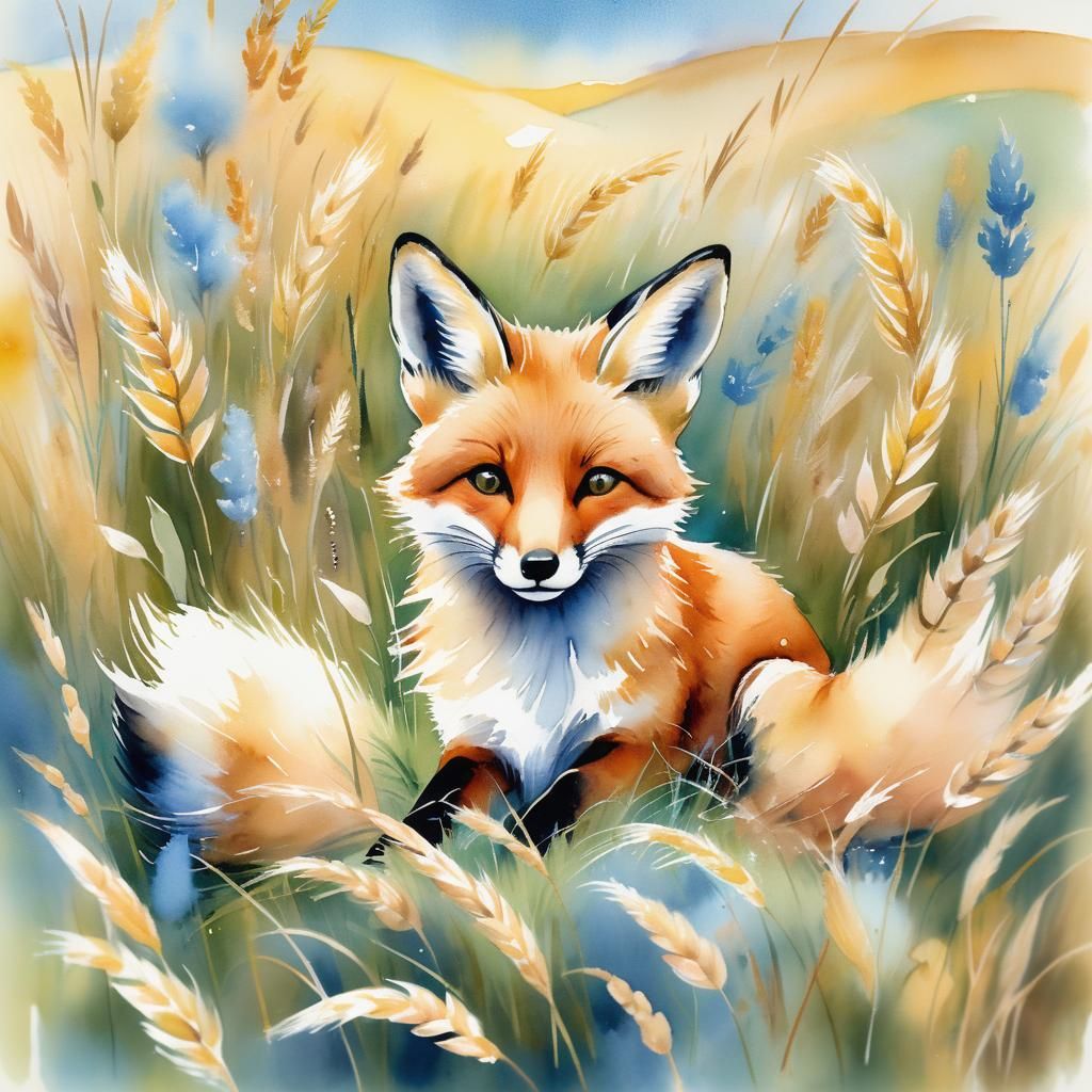 Fox in Wheat Field: Whimsical Watercolor Art