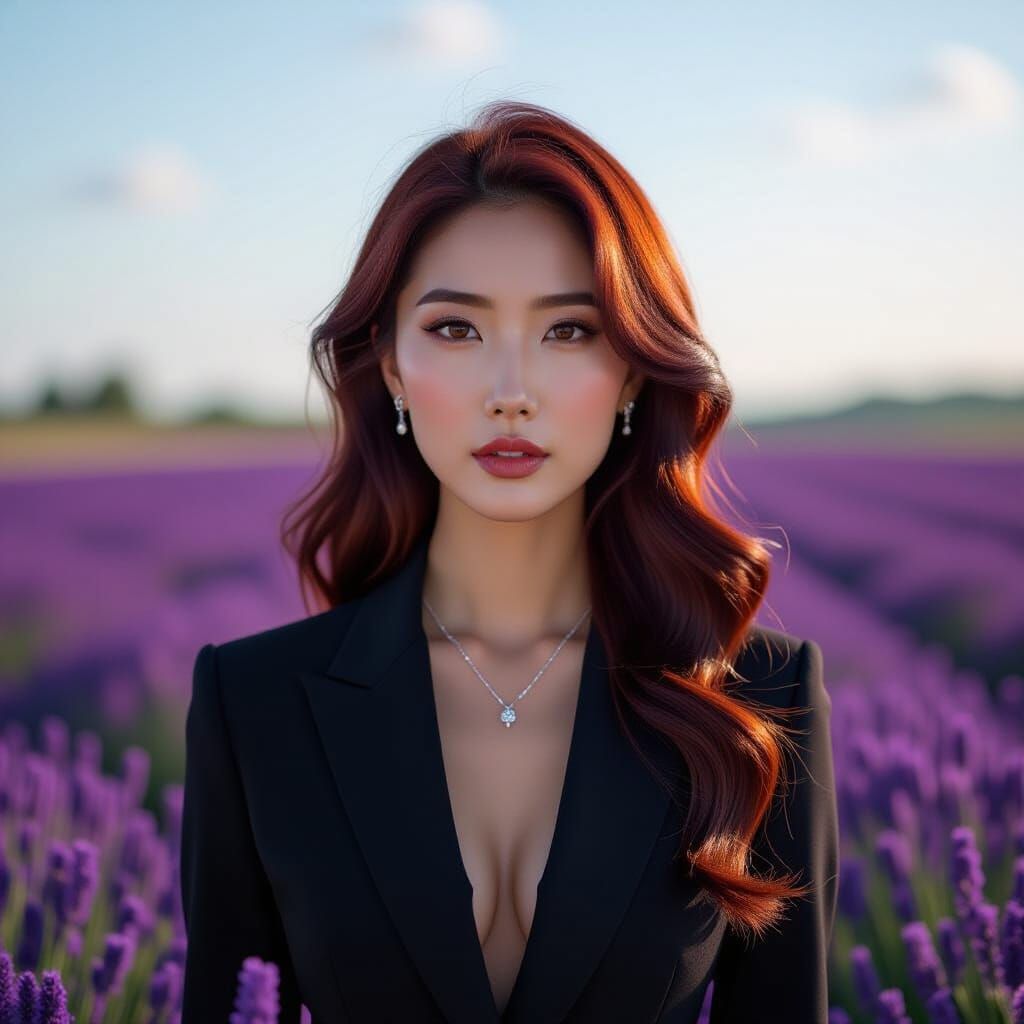 Contemplative Woman in Lavender Field, Hyperrealistic Portra...