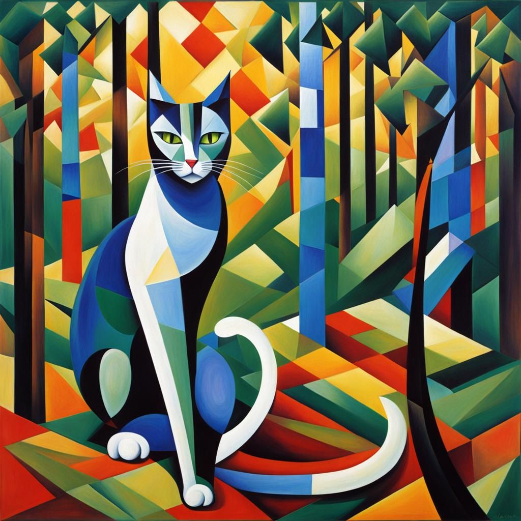 Abstract Cubist Cat Lost in Forest