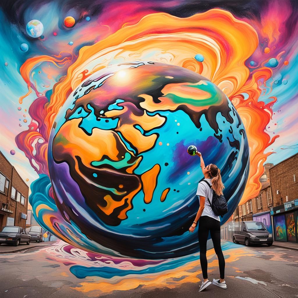 Graffiti Art: Girl Holding Planet with Swirling Clouds