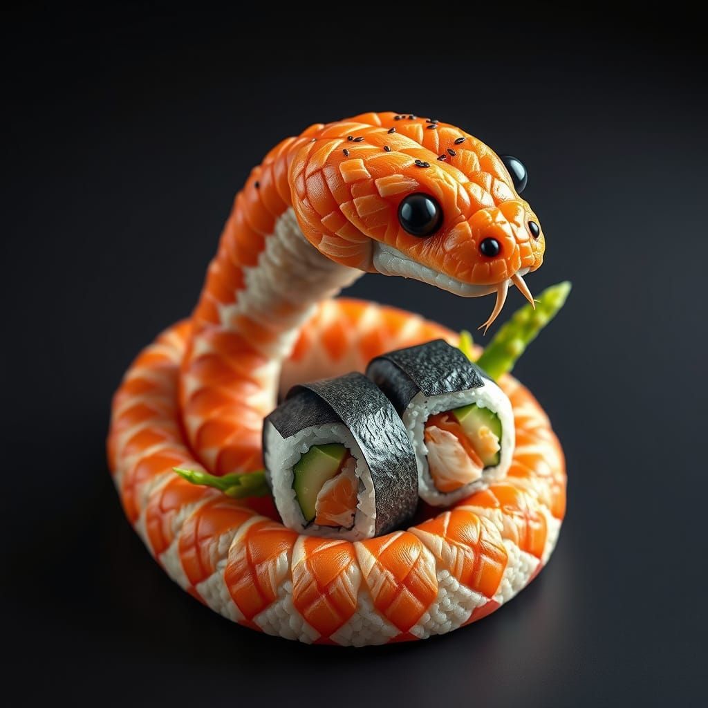 Hyper-Realistic Sushi Sculpture of Coiled Snake in Pixar-Ins...