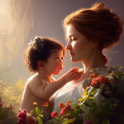 Tender Embrace: Mother and Child in Hyperdetailed Portrait