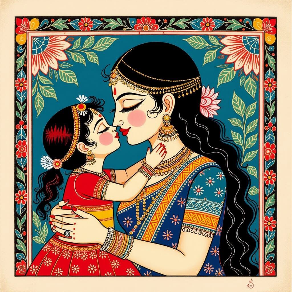 Madhubani Painting of Mother Kissing Daughter