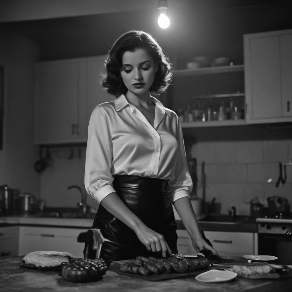 Film Noir Woman Slicing Sausage