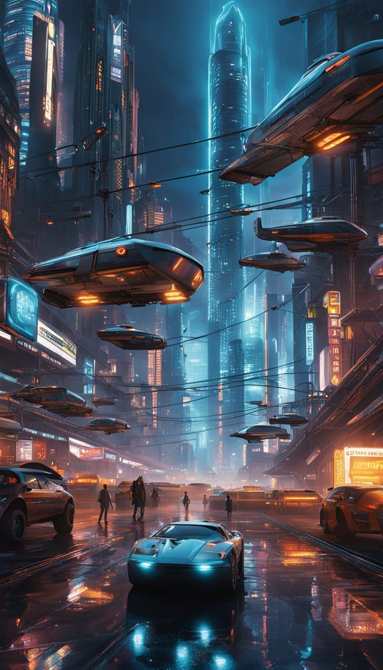 Surreal Futuristic Cityscape at Twilight in Cyberpunk Style