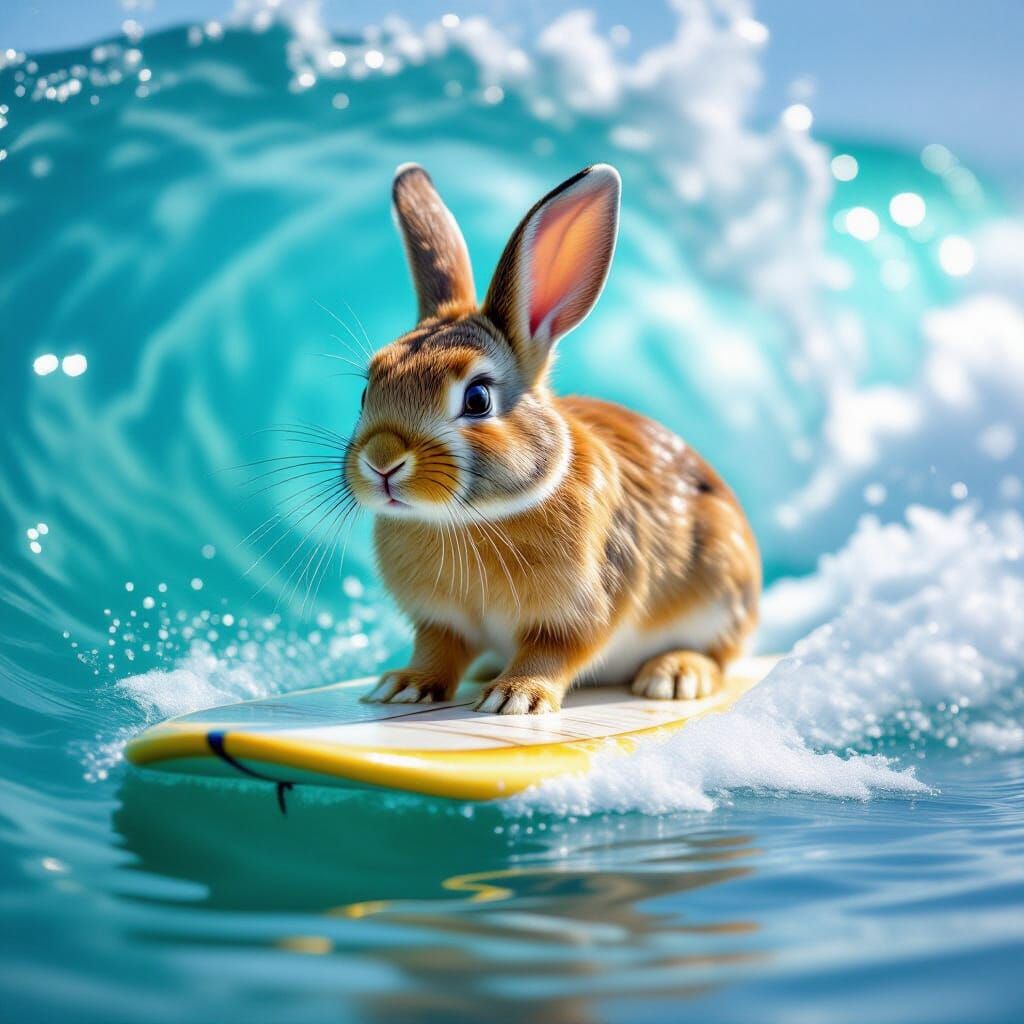 Cute Bunny Surfing a Wave
