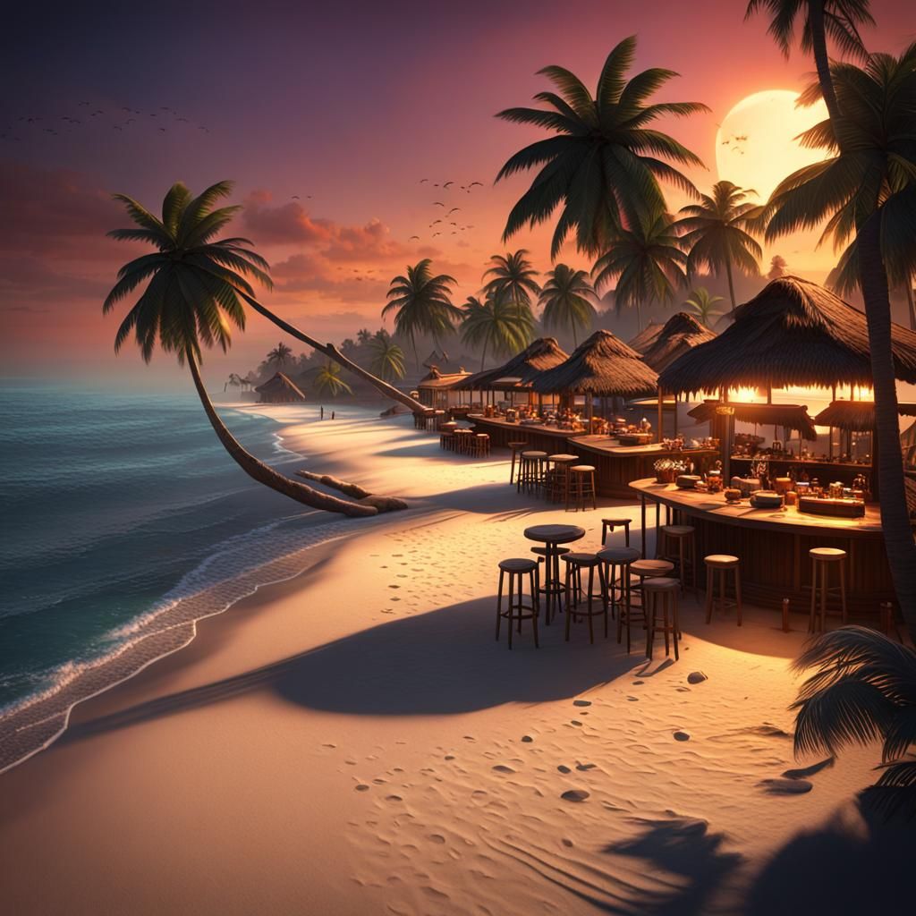 Tropical Beach Sunset in Hyperdetailed Dark Fantasy Style