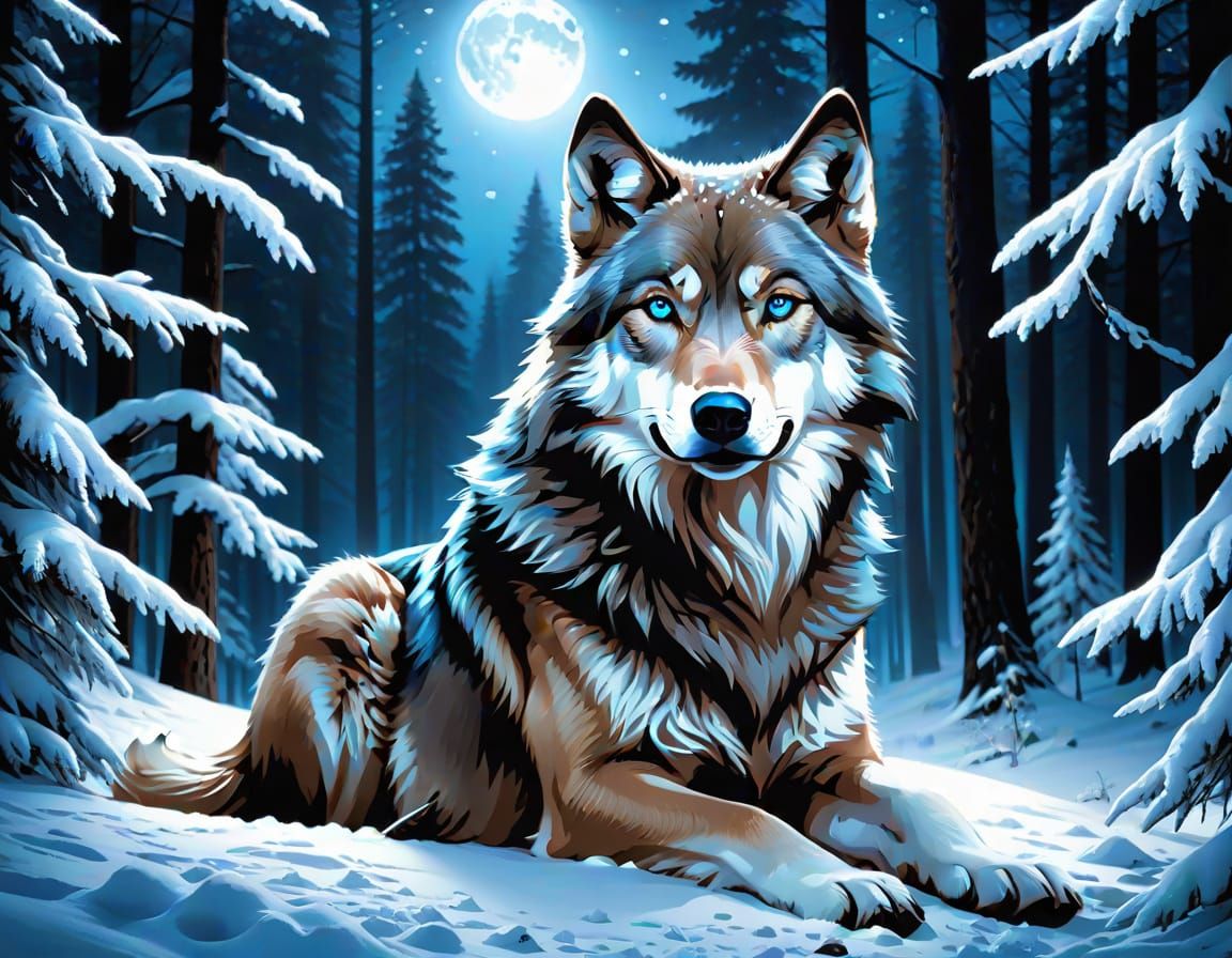 Wolf in Snow: Matte Painting with Blue Eyes