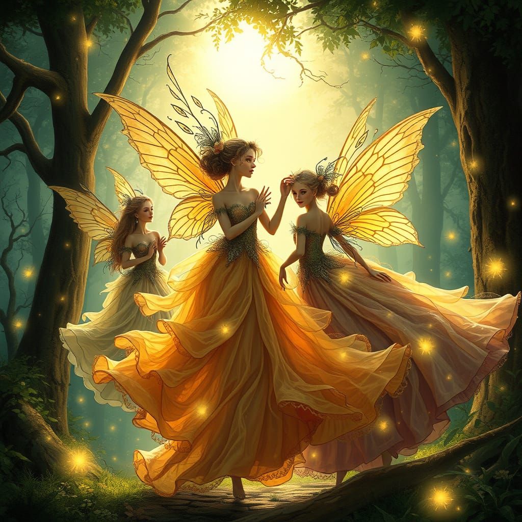 Fairies Dance in Sun-Dappled Forest, Fantasy Art