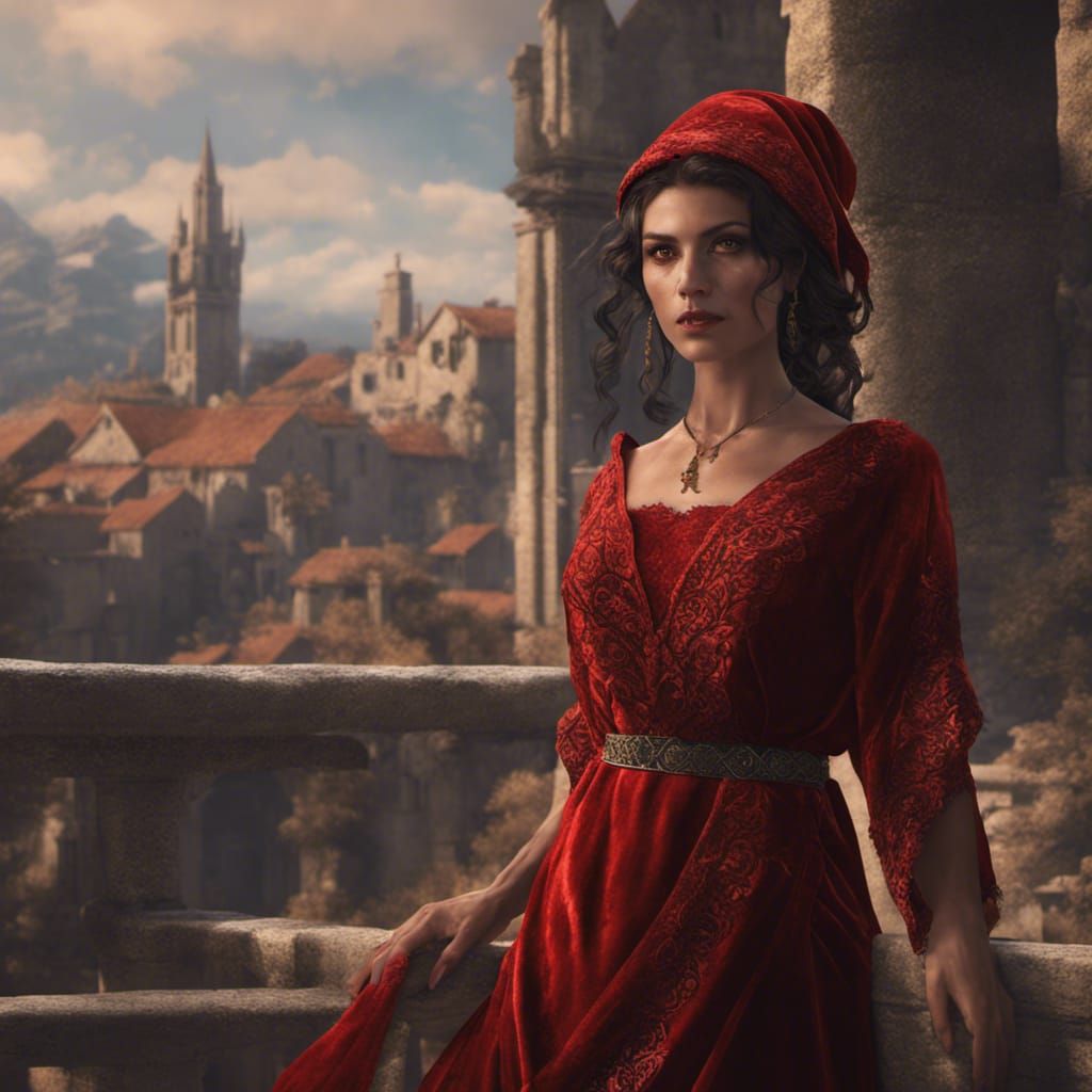 Jewish Woman in Red Dress, Detailed Digital Painting