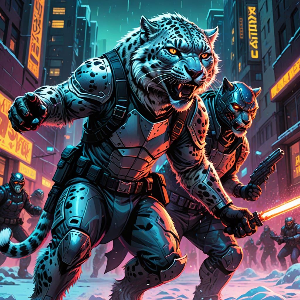 A sci-fi Snow Leopard Soldier battles a Werewolf in a dramat...