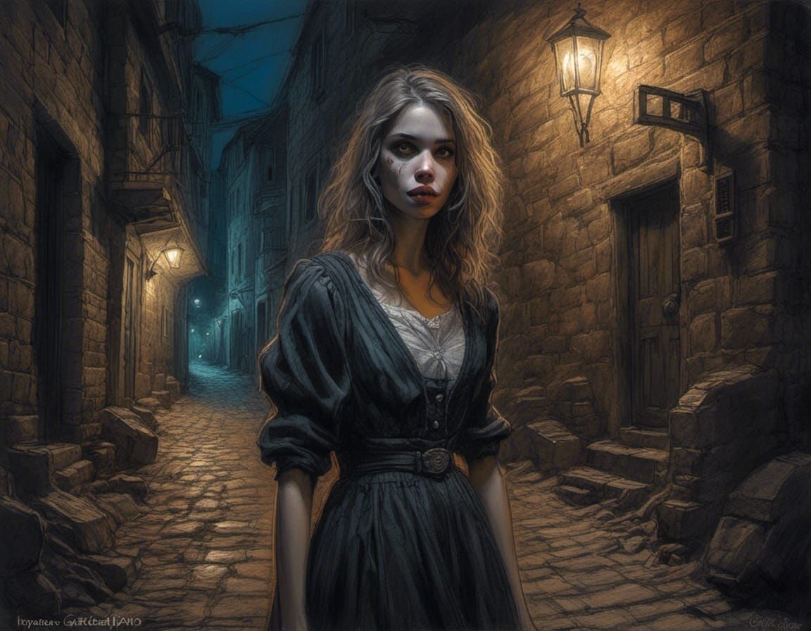 stunning color pencil sketch, A scary young woman in a dark alley afraid of the dark