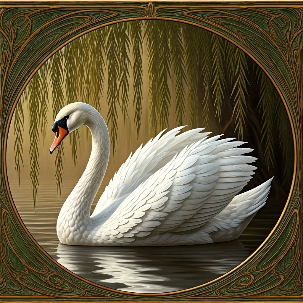 Elegant White Swan with Filigree Feathers Under Willow Tree