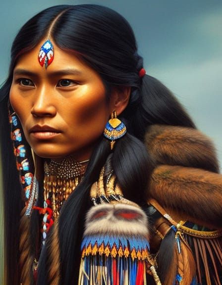 Hyperrealistic Pocahontas Portrait in Northwest Coast Art St...