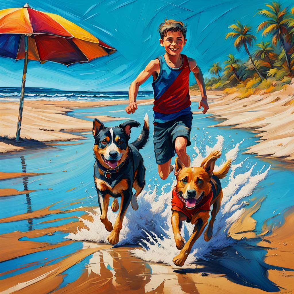 Boy and Dog Running on Beach in Oil Painting Style