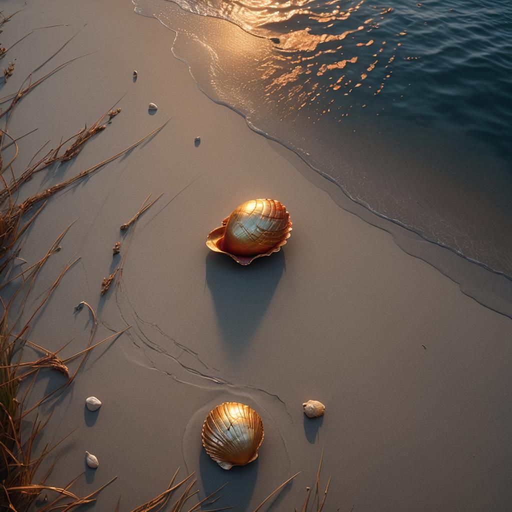 Golden Shell on Beach at Red Sunset