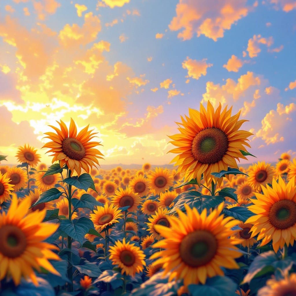 Vibrant Whimsical Sunrise Scene with Sunflowers and a Hidden...