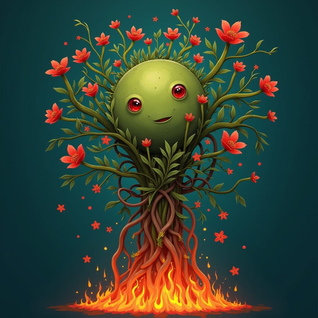 Fiery Vines and Abstract Form on Blue Background