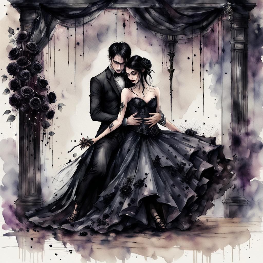 Goth Wedding Couple in Black Roses, Watercolor Art