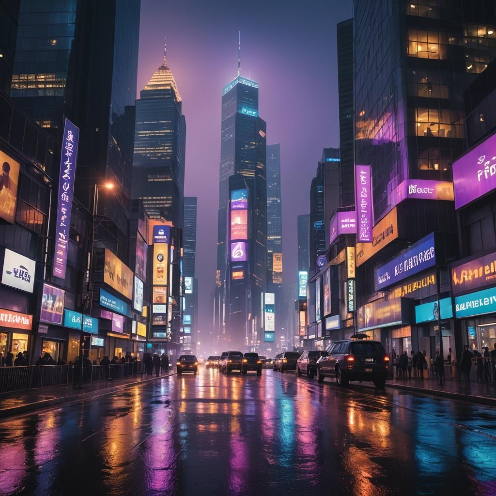 Vibrant Nighttime Cityscape in Digital Art Style