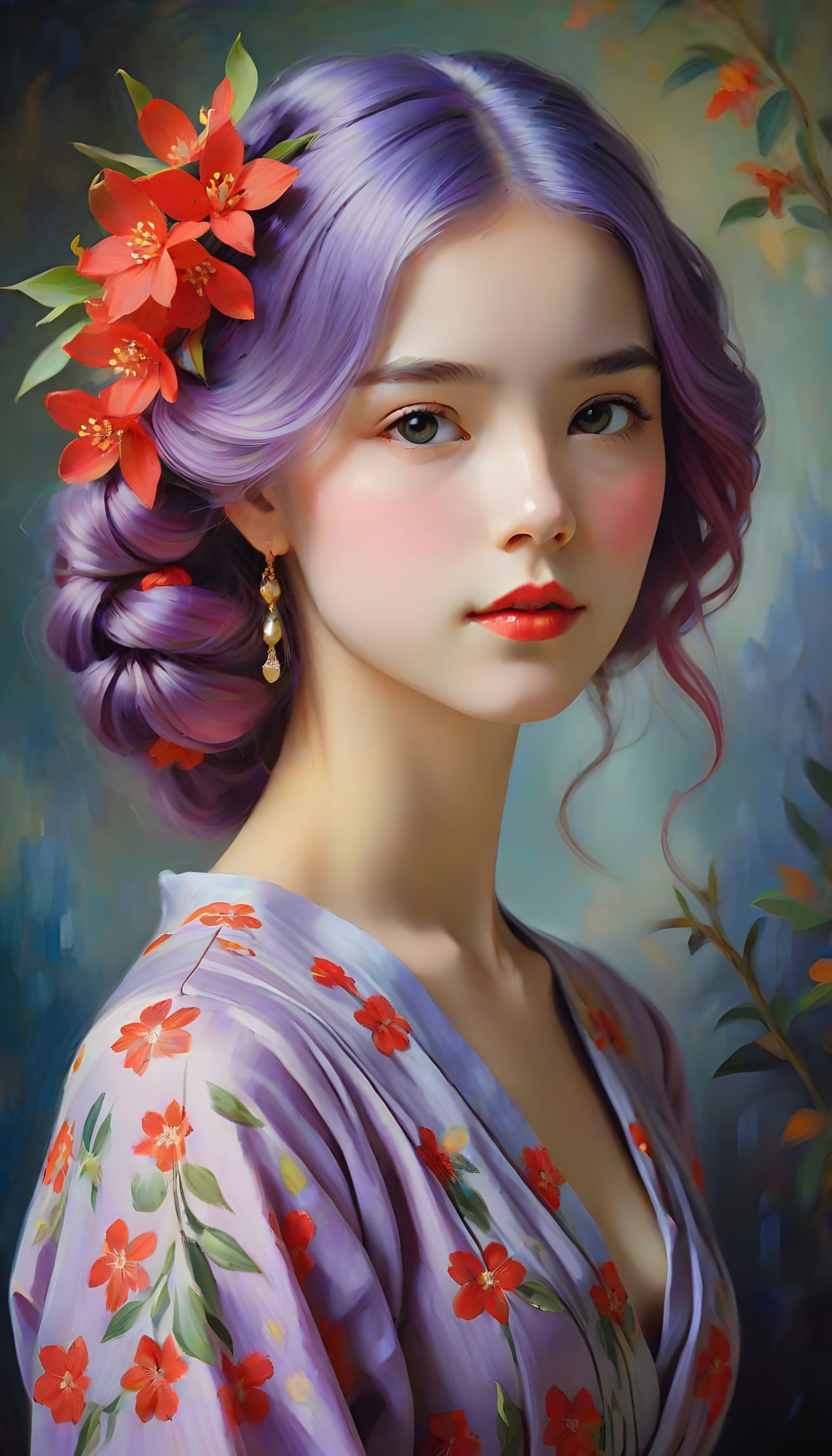 Violet Haired Girl in Red Jasmine Bouquet