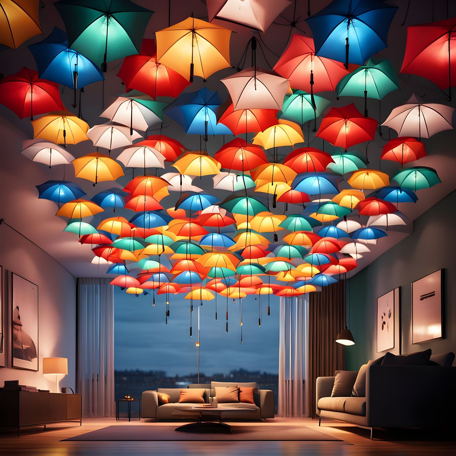 Unconventional Umbrella Lamp in Illuminated Living Room