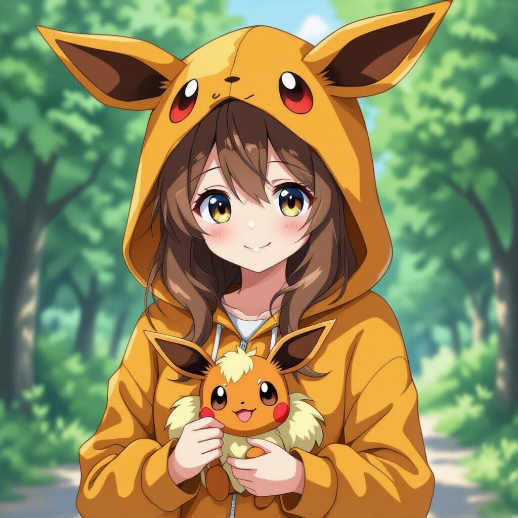 Anime Girl in Eevee Hoodie with Eevee Companion