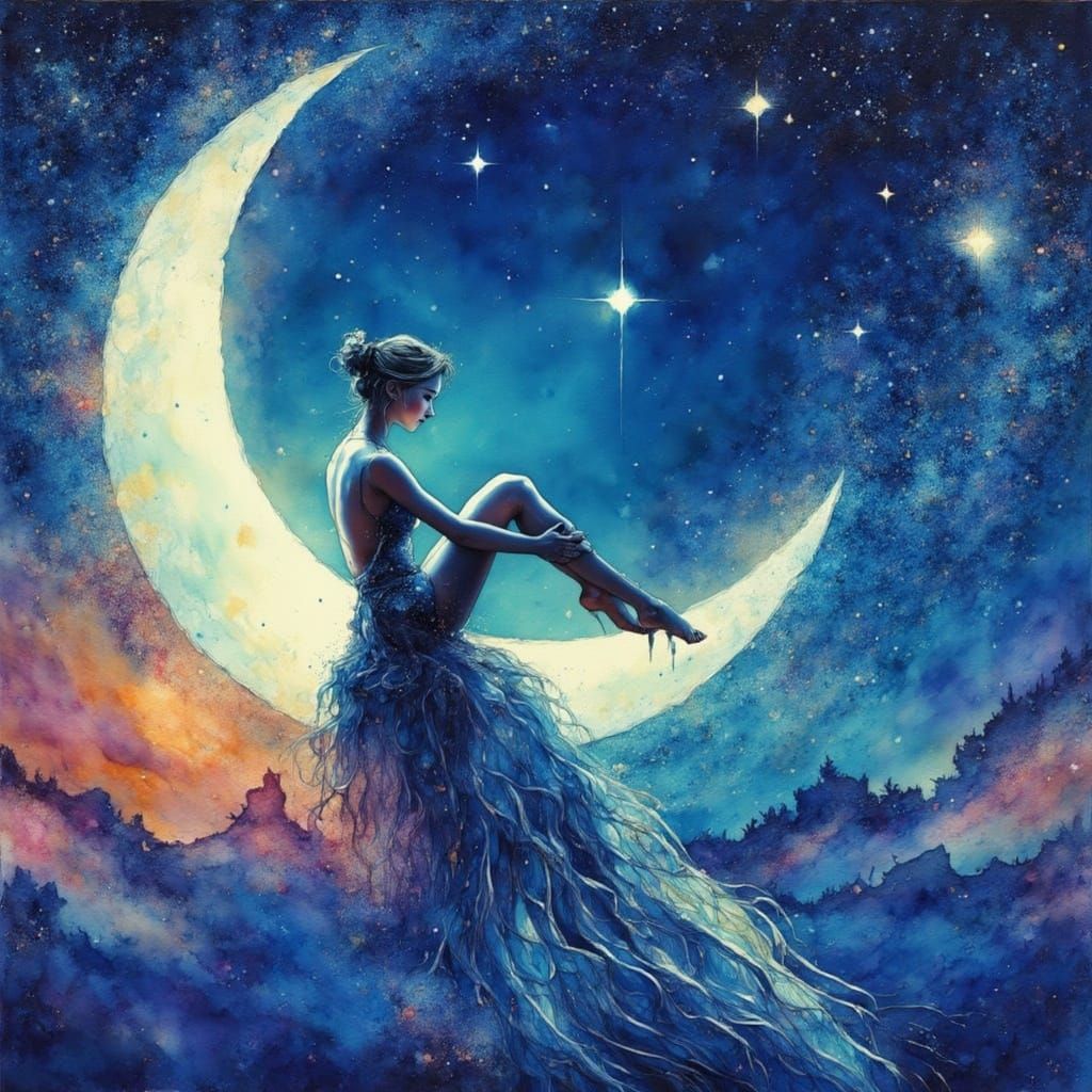 Woman on Crescent Moon in Watercolor Style