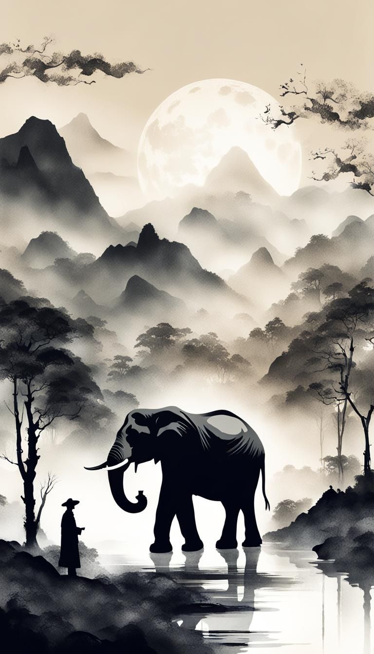 Minimalist Elephant in Infrared Chinese Ink Painting
