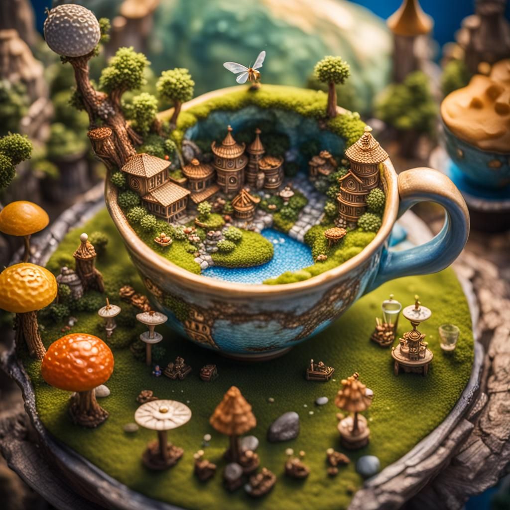 Miniature Fairy World Inside Teacup: Cel Shaded Digital Art